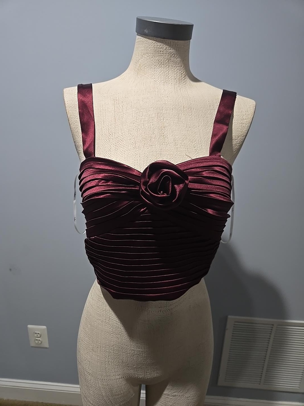Lulu's Satin Rose-Front Burgundy Crop Top - Picture 4 of 6